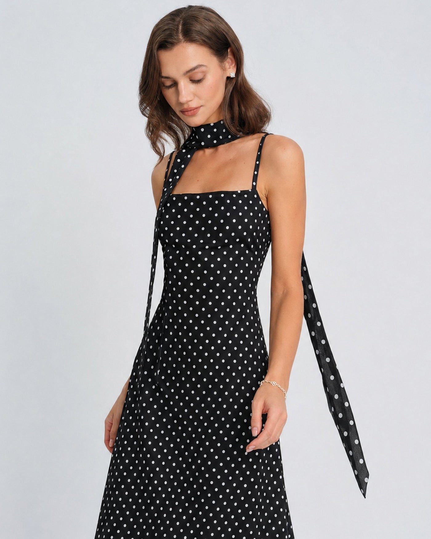 Maxi Dress with Cowl Neck and Black Polka Dots