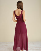 Wine Red Chiffon Maxi Dress with Button Slit Detail