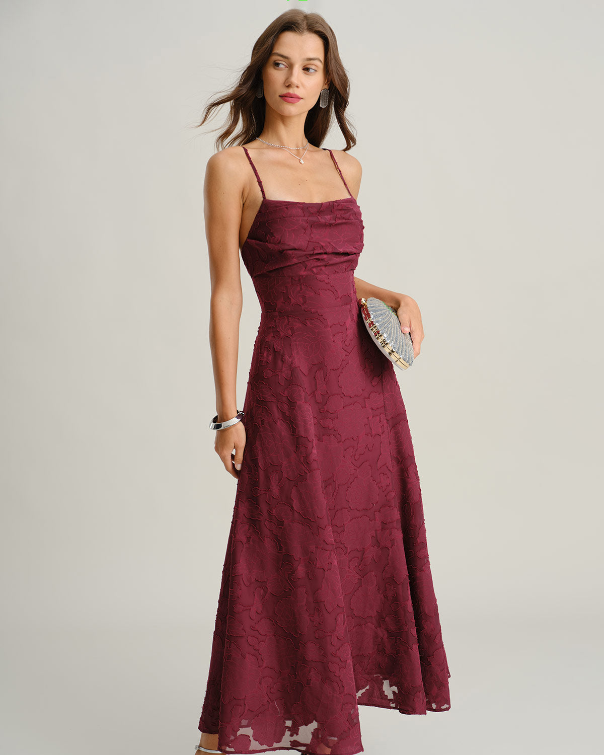 Wine Red Jacquard Maxi Dress with Slip Design