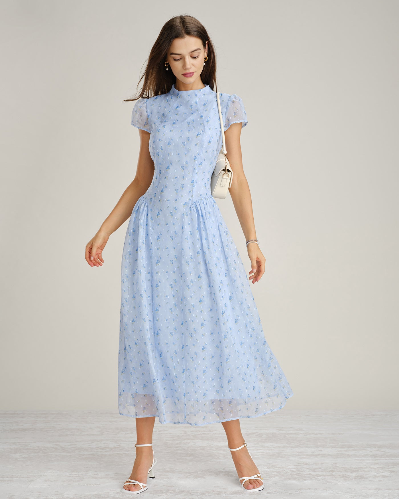 Floral Chiffon Maxi Dress with Blue Mock Neck
