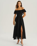 Black A-Line Maxi Dress with Off-the-Shoulder Design
