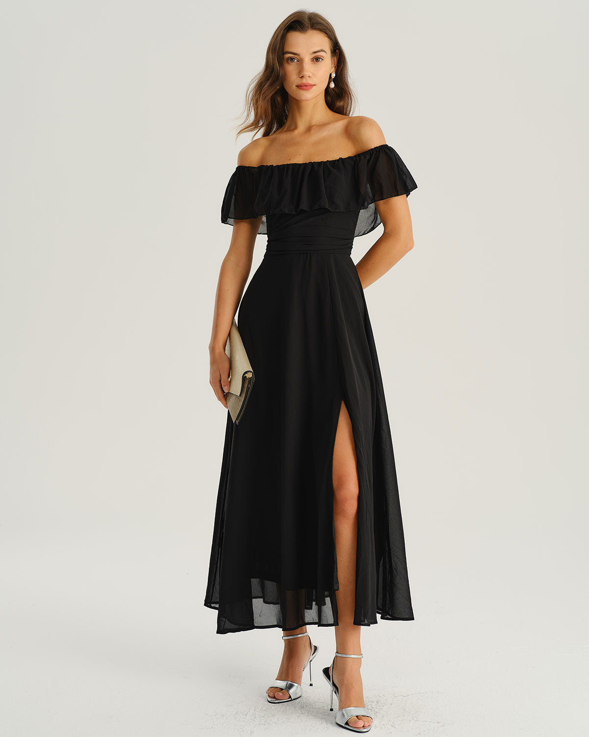 Black A-Line Maxi Dress with Off-the-Shoulder Design
