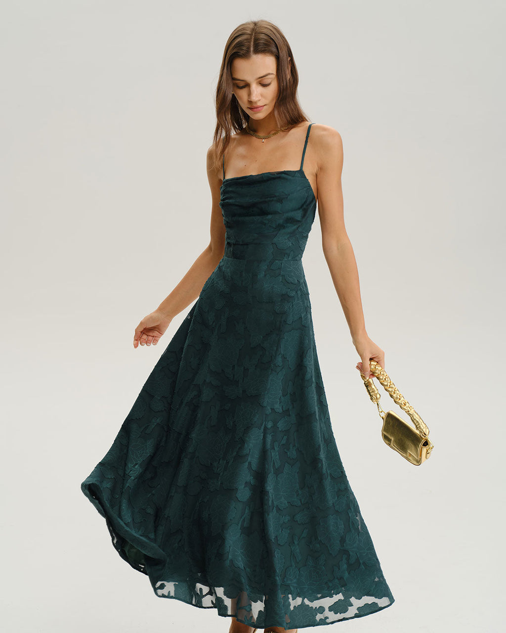 Emerald Jacquard A-Line Maxi Slip Dress