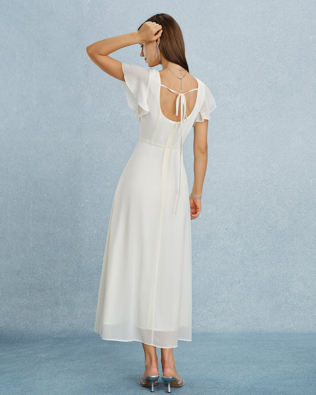 Beige Chiffon Maxi Dress with Square Neck and Slit