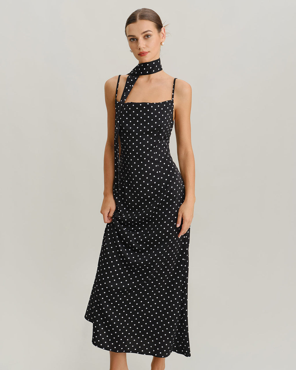 Maxi Dress with Cowl Neck and Black Polka Dots