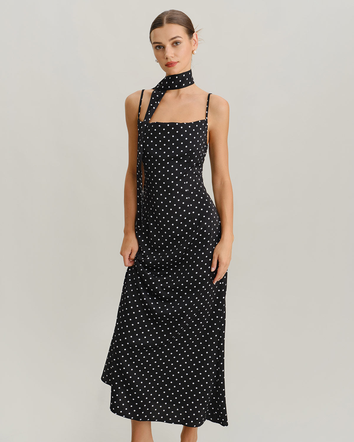 Maxi Dress with Cowl Neck and Black Polka Dots