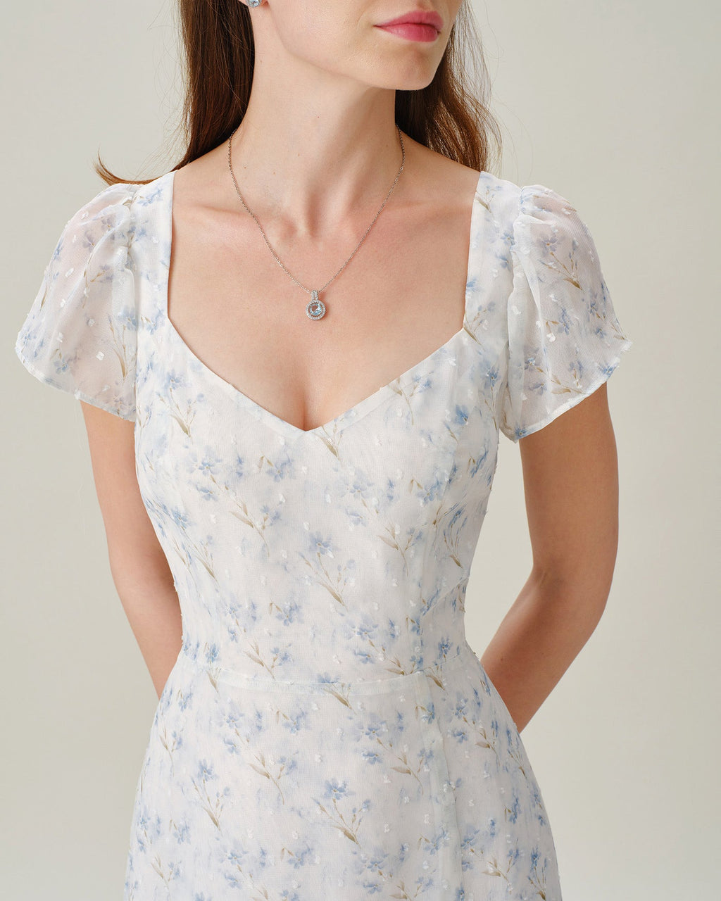 Floral Slit Maxi Dress with Blue Sweetheart Neckline