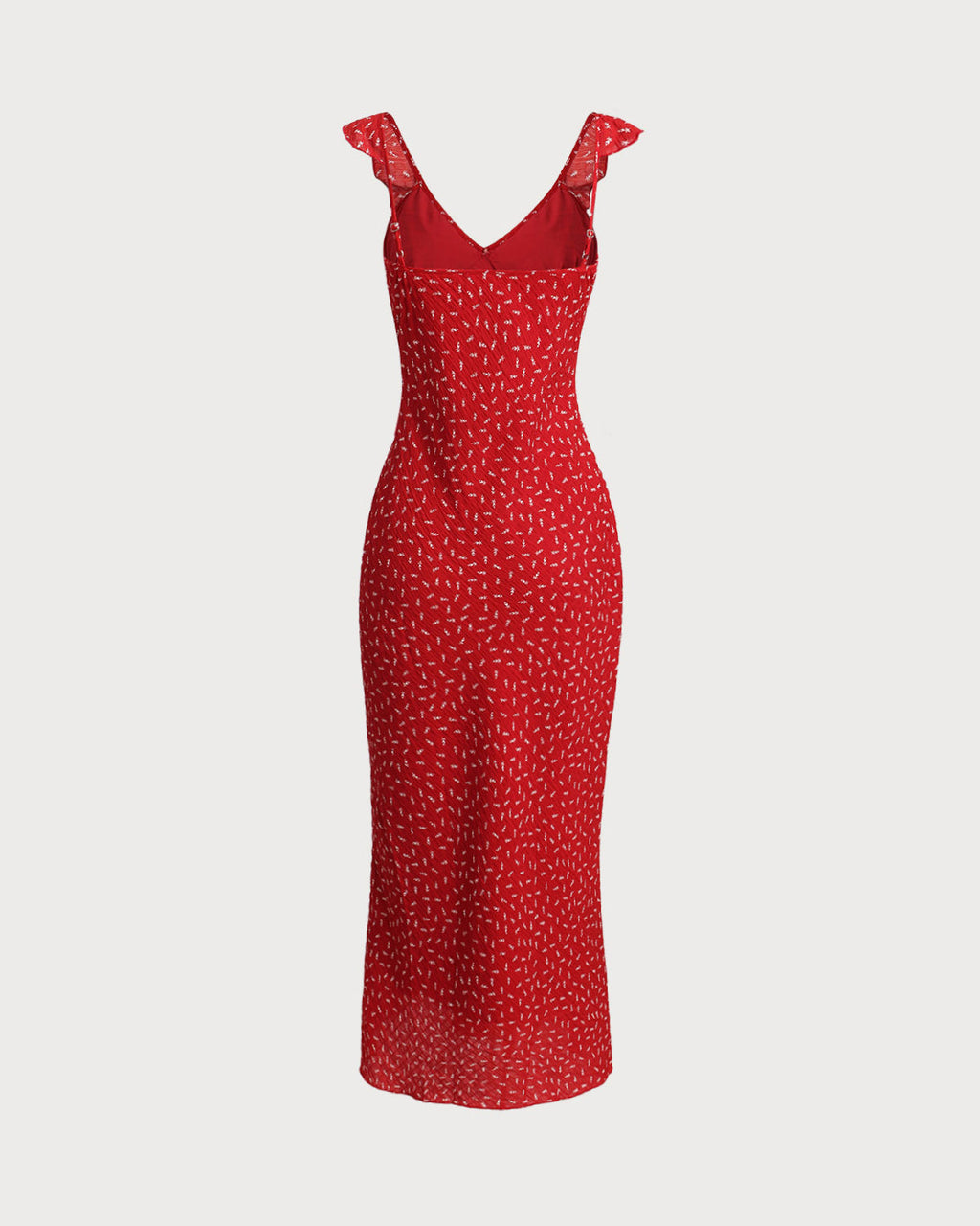 Maxi Dress with Ruffled V-Neck and Red Floral Print