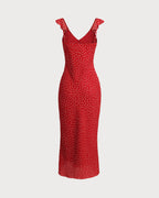 Maxi Dress with Ruffled V-Neck and Red Floral Print