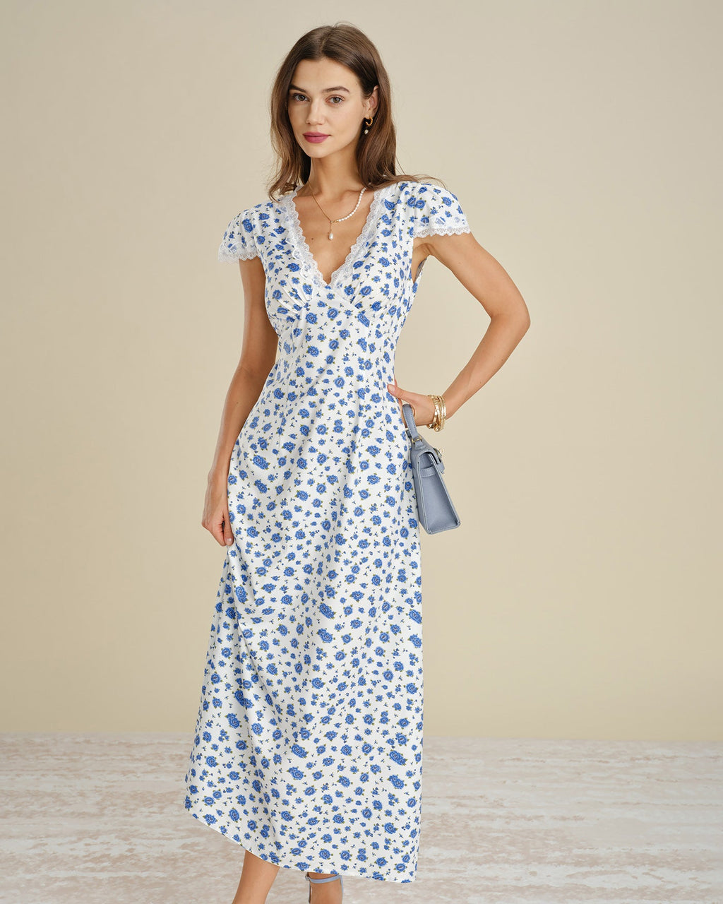 Floral Lace Maxi Dress with Blue Cap Sleeves