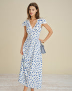 Floral Lace Maxi Dress with Blue Cap Sleeves