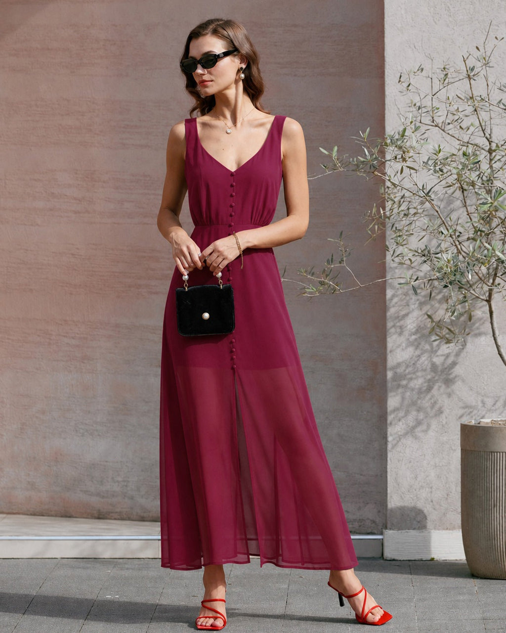 Wine Red Chiffon Maxi Dress with Button Slit Detail