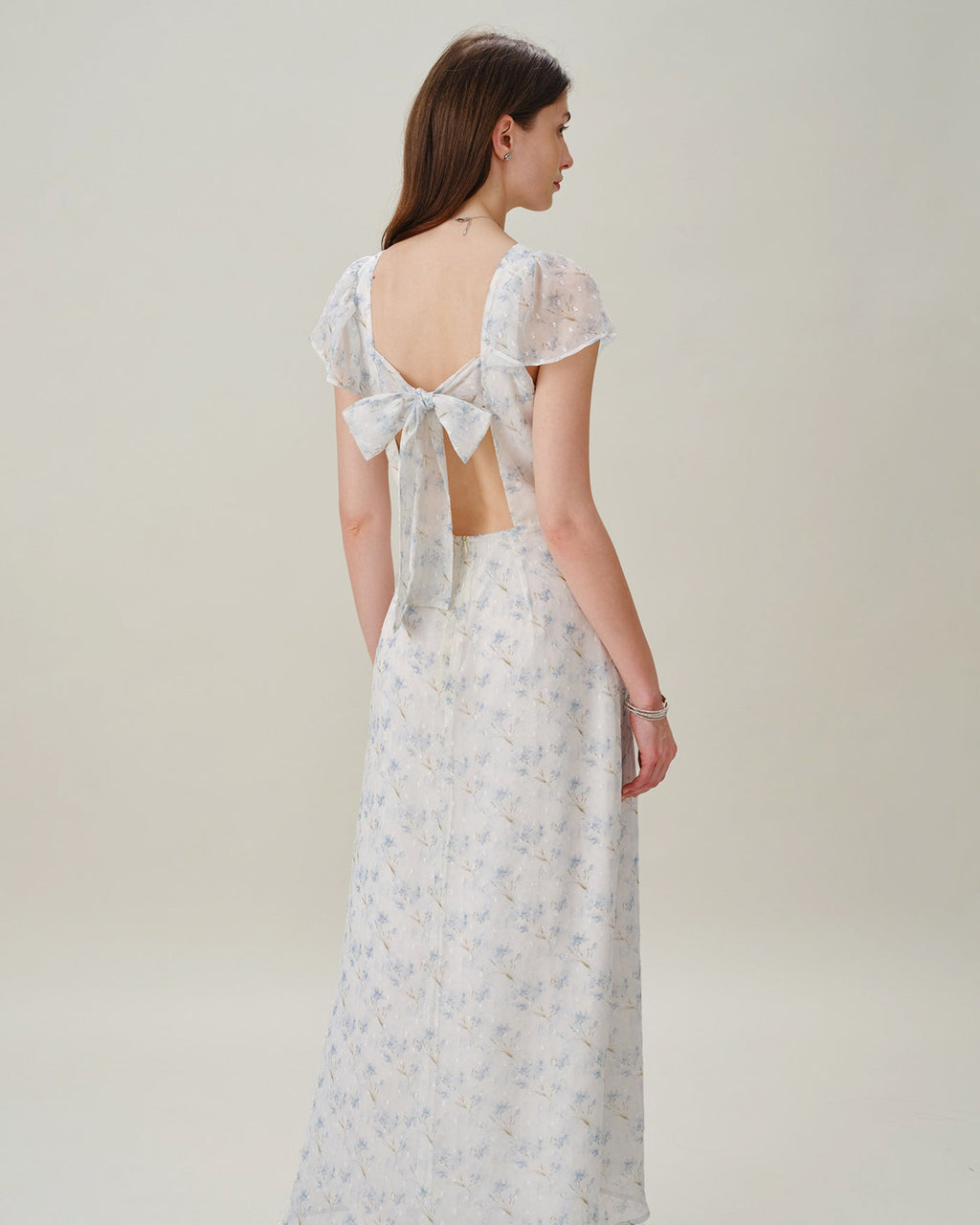 Floral Slit Maxi Dress with Blue Sweetheart Neckline