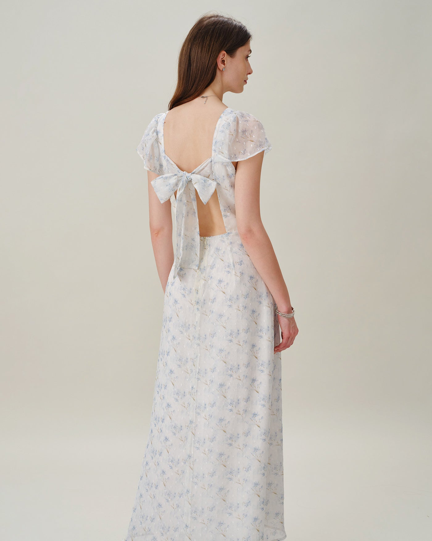 Floral Slit Maxi Dress with Blue Sweetheart Neckline