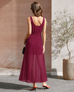 Wine Red Chiffon Maxi Dress with Button Slit Detail