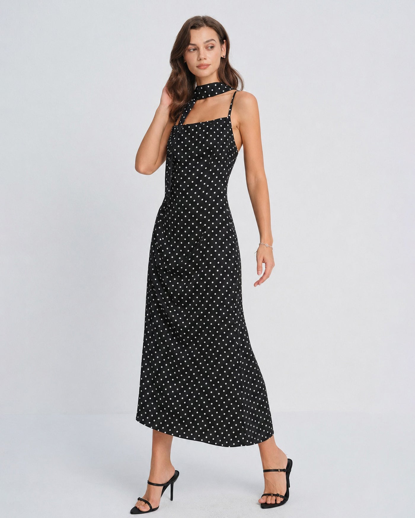 Maxi Dress with Cowl Neck and Black Polka Dots