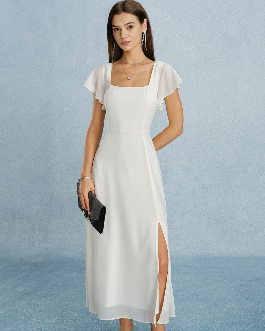 Beige Chiffon Maxi Dress with Square Neck and Slit