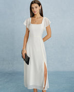 Beige Chiffon Maxi Dress with Square Neck and Slit