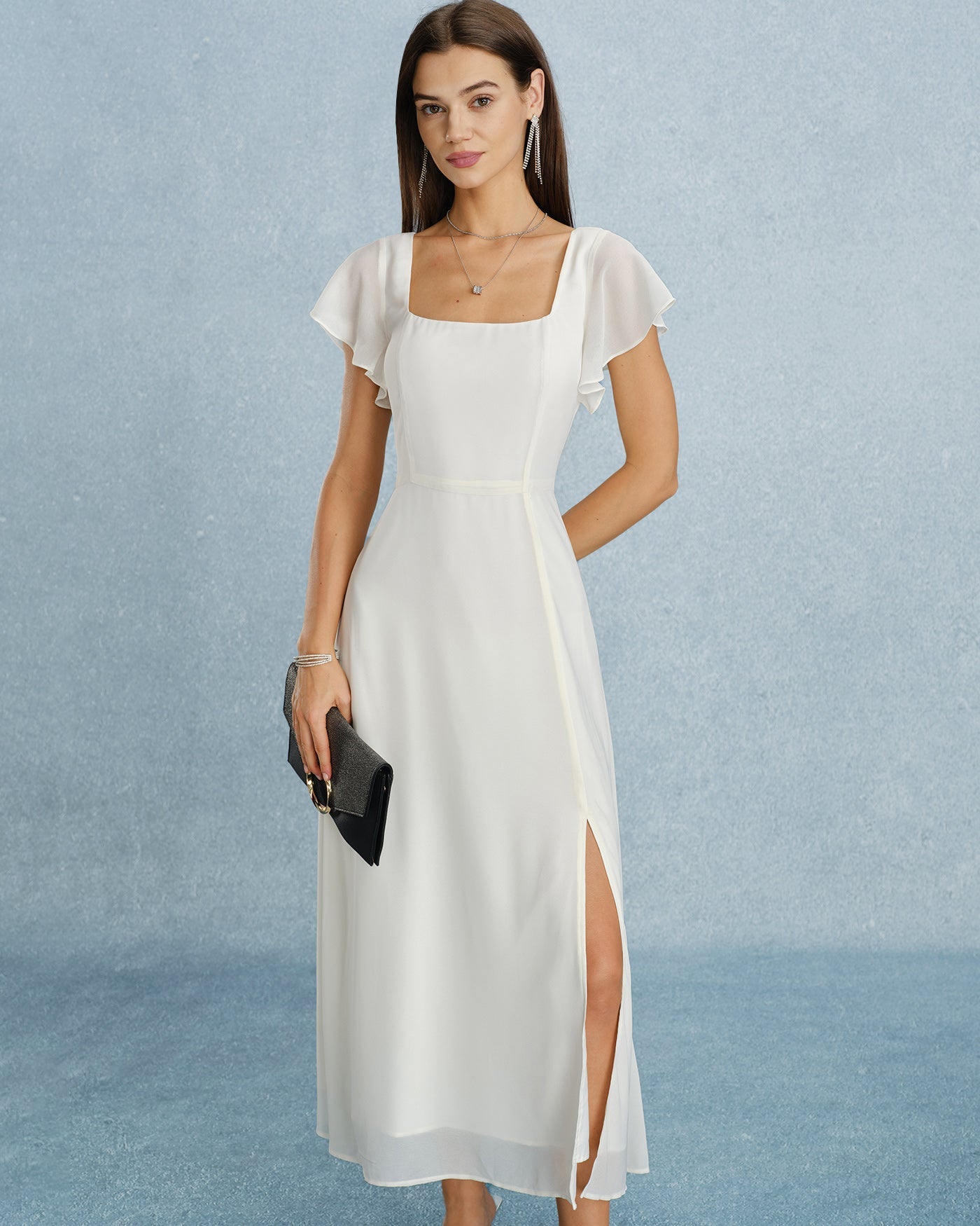 Beige Chiffon Maxi Dress with Square Neck and Slit