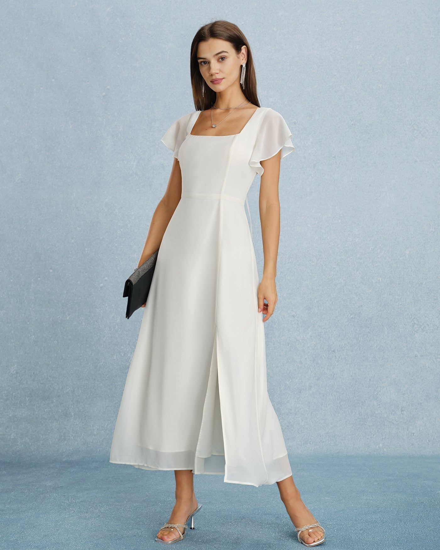 Beige Chiffon Maxi Dress with Square Neck and Slit