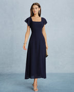 Navy Chiffon Maxi Dress with Square Neck and Slit
