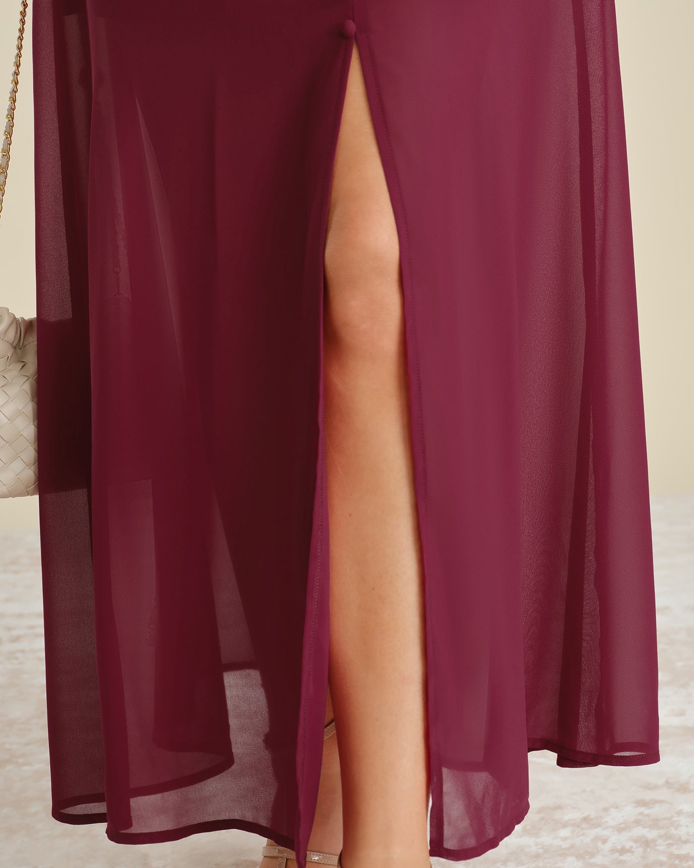 Wine Red Chiffon Maxi Dress with Button Slit Detail