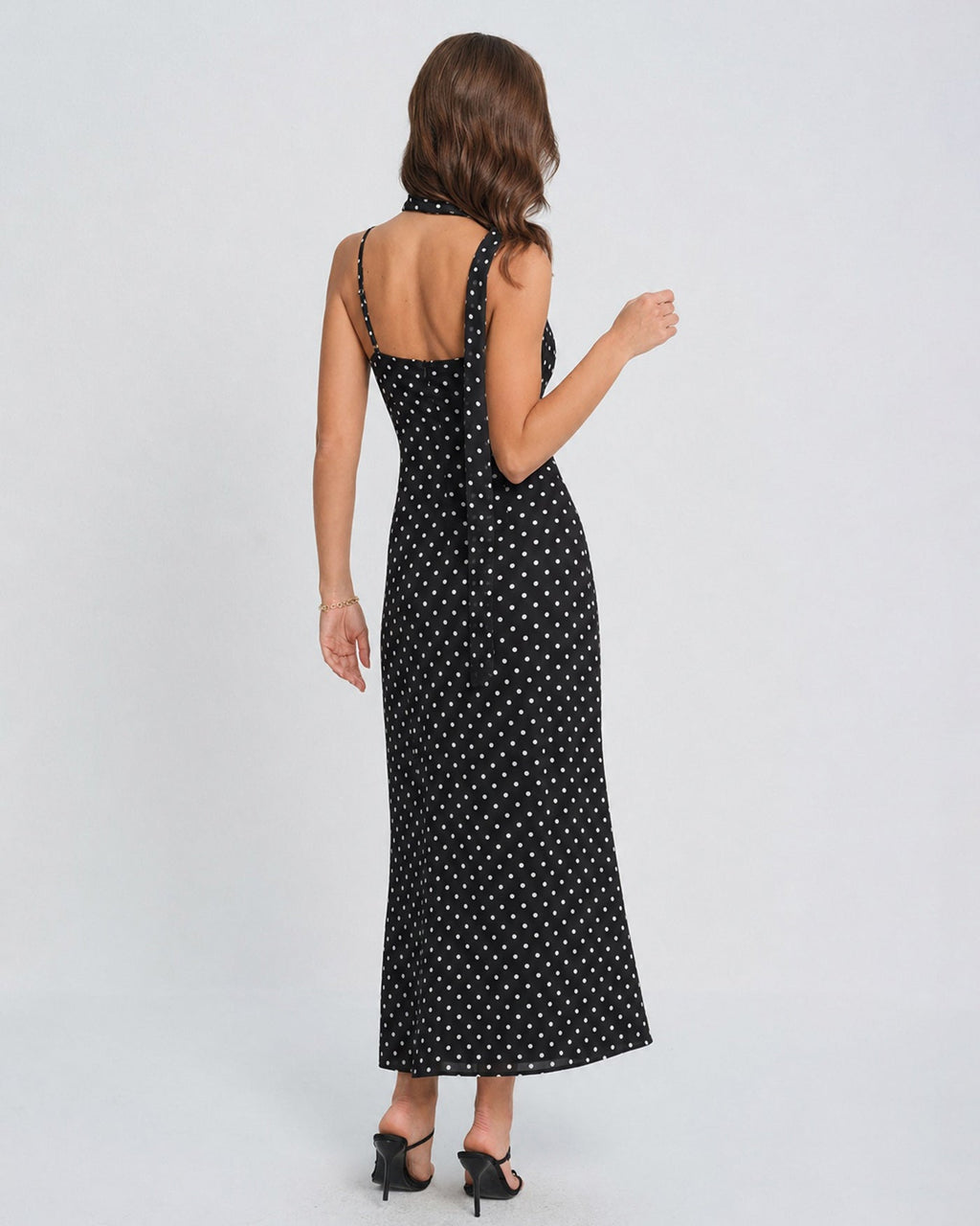 Maxi Dress with Cowl Neck and Black Polka Dots