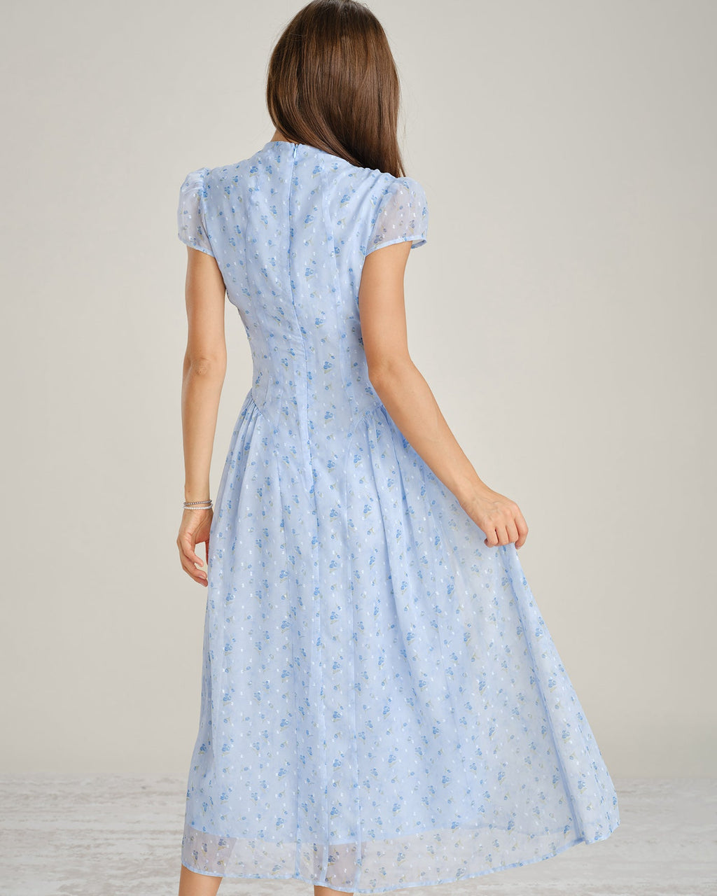 Floral Chiffon Maxi Dress with Blue Mock Neck