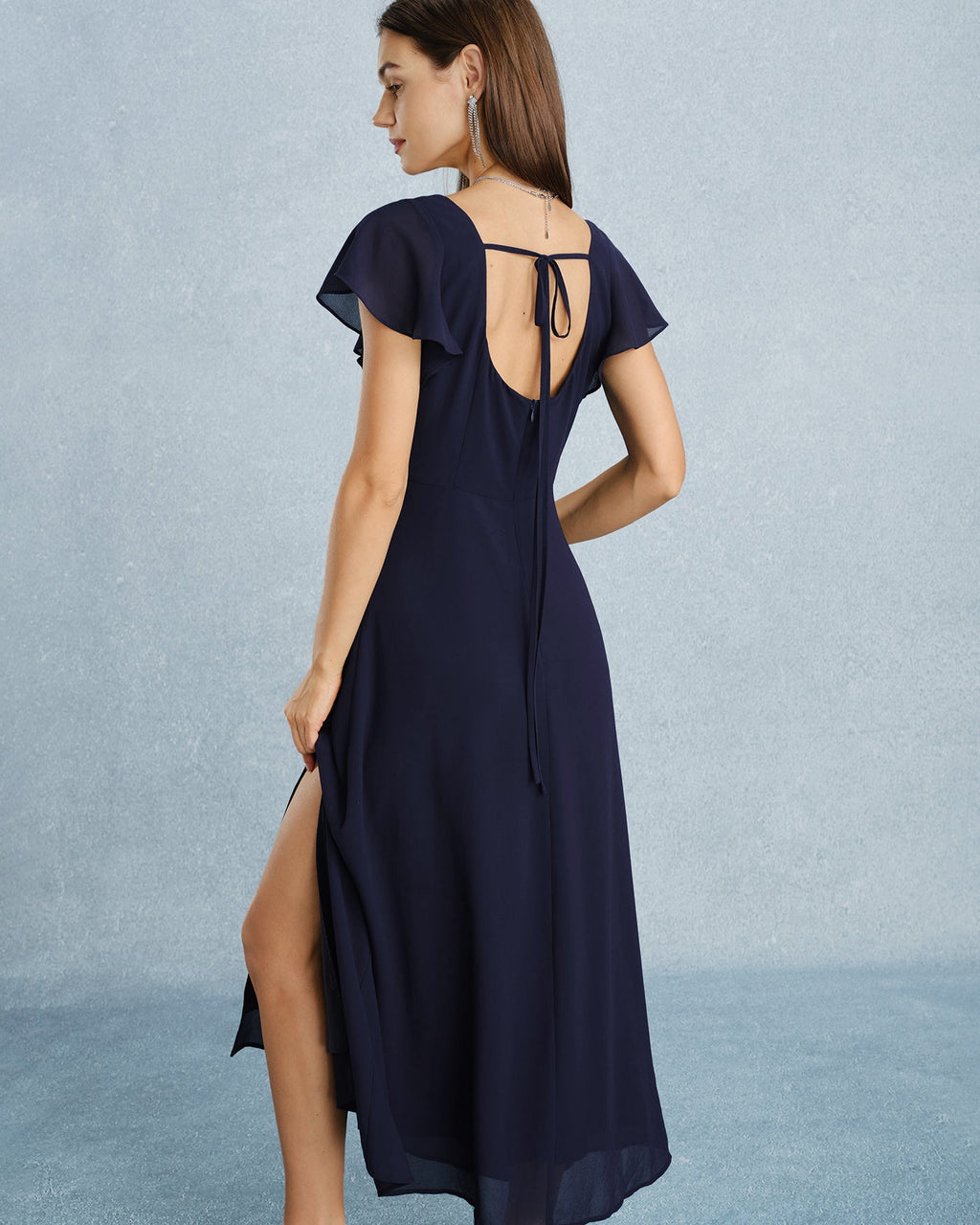 Navy Chiffon Maxi Dress with Square Neck and Slit