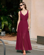 Wine Red Chiffon Maxi Dress with Button Slit Detail
