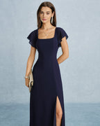 Navy Chiffon Maxi Dress with Square Neck and Slit