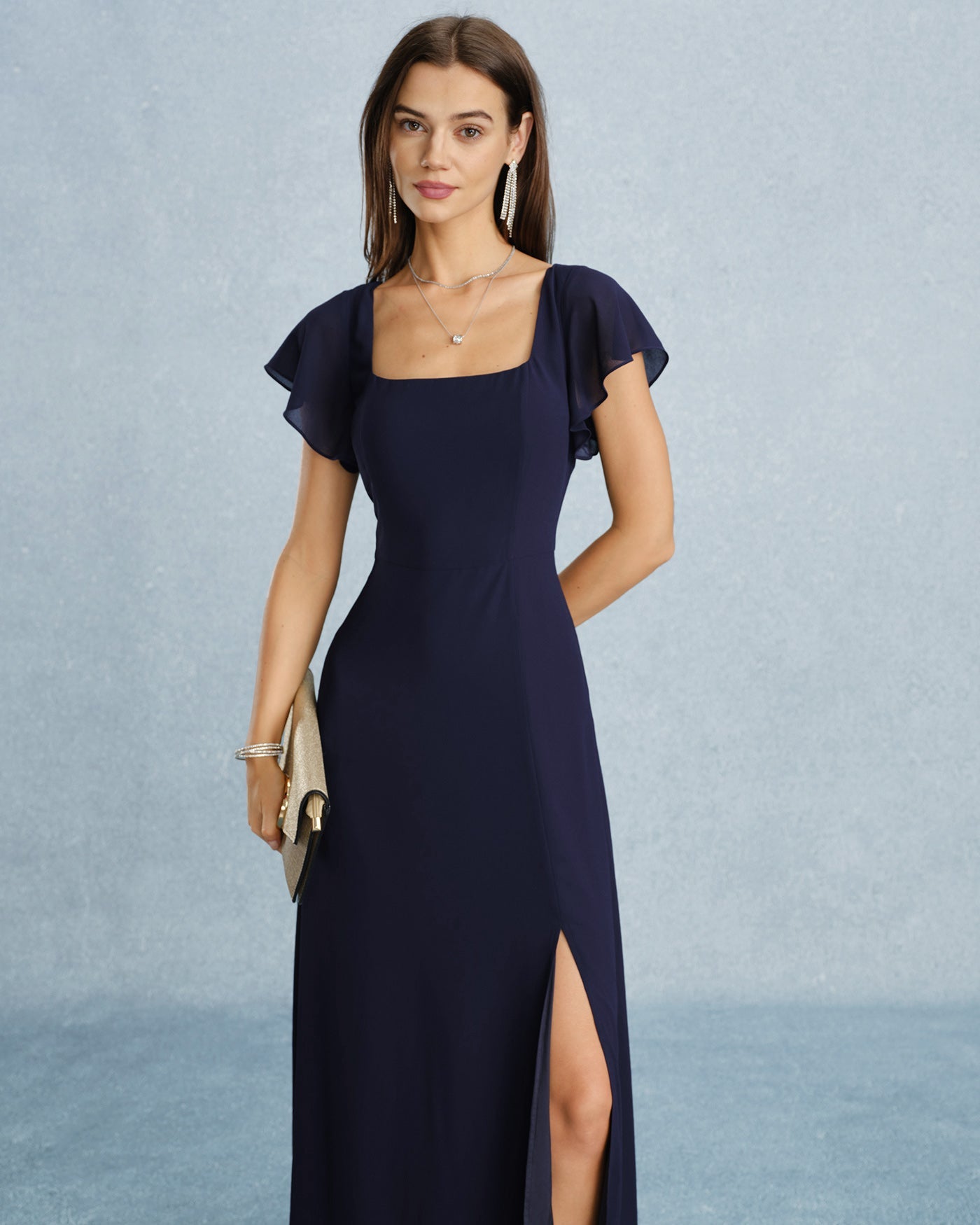 Navy Chiffon Maxi Dress with Square Neck and Slit