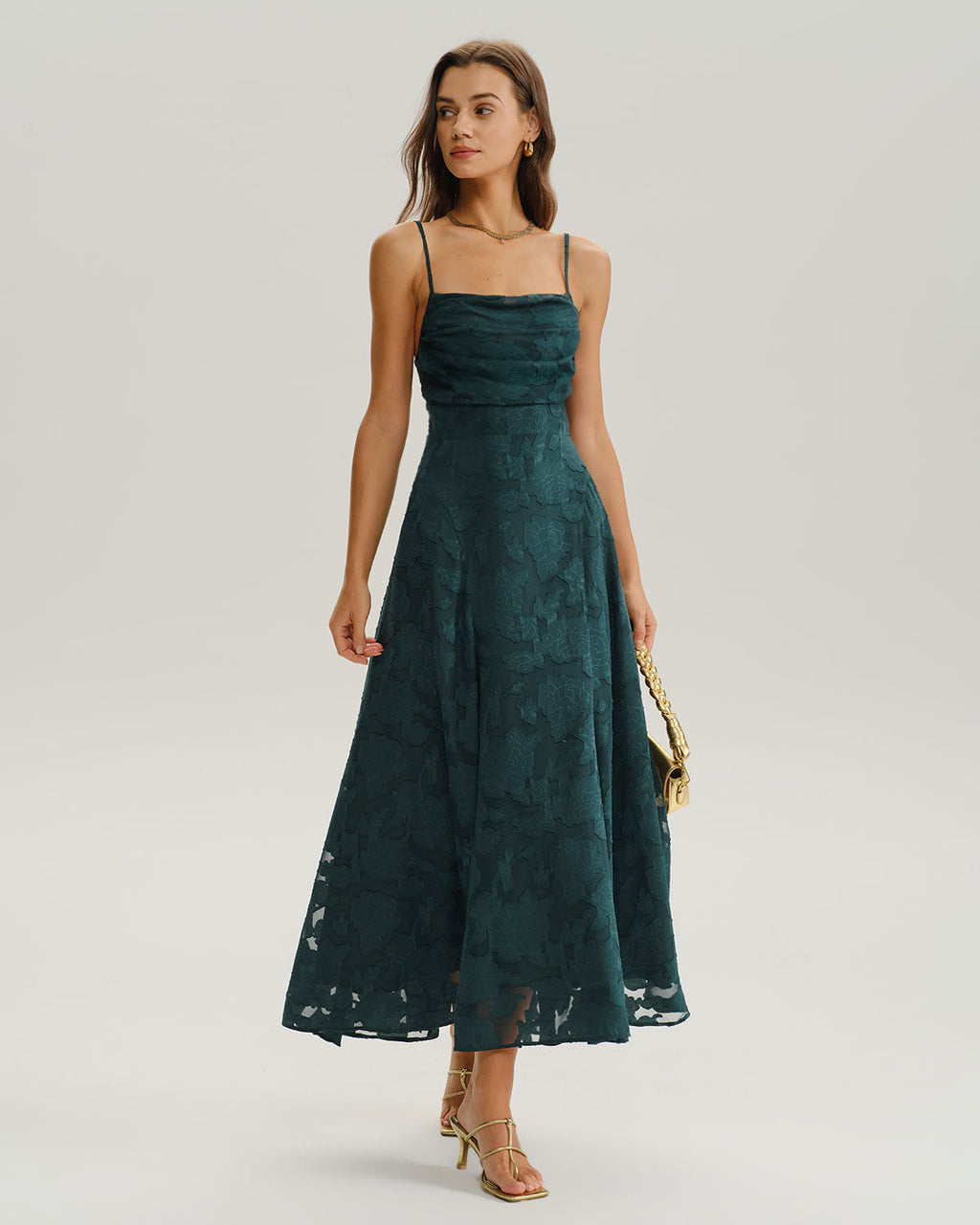 Emerald Jacquard A-Line Maxi Slip Dress