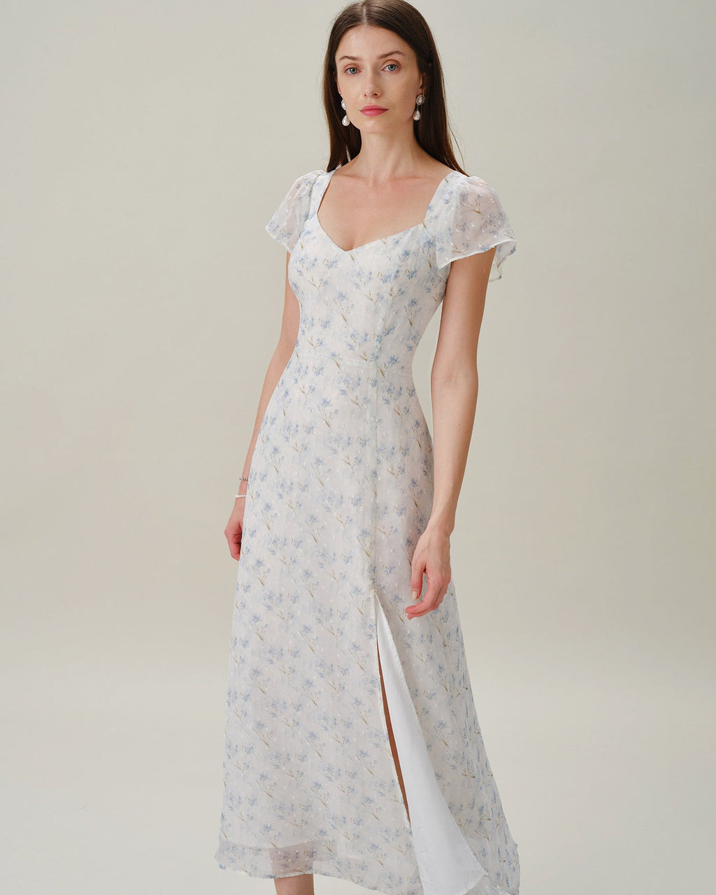 Floral Slit Maxi Dress with Blue Sweetheart Neckline