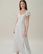 Floral Slit Maxi Dress with Blue Sweetheart Neckline