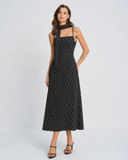 Maxi Dress with Cowl Neck and Black Polka Dots
