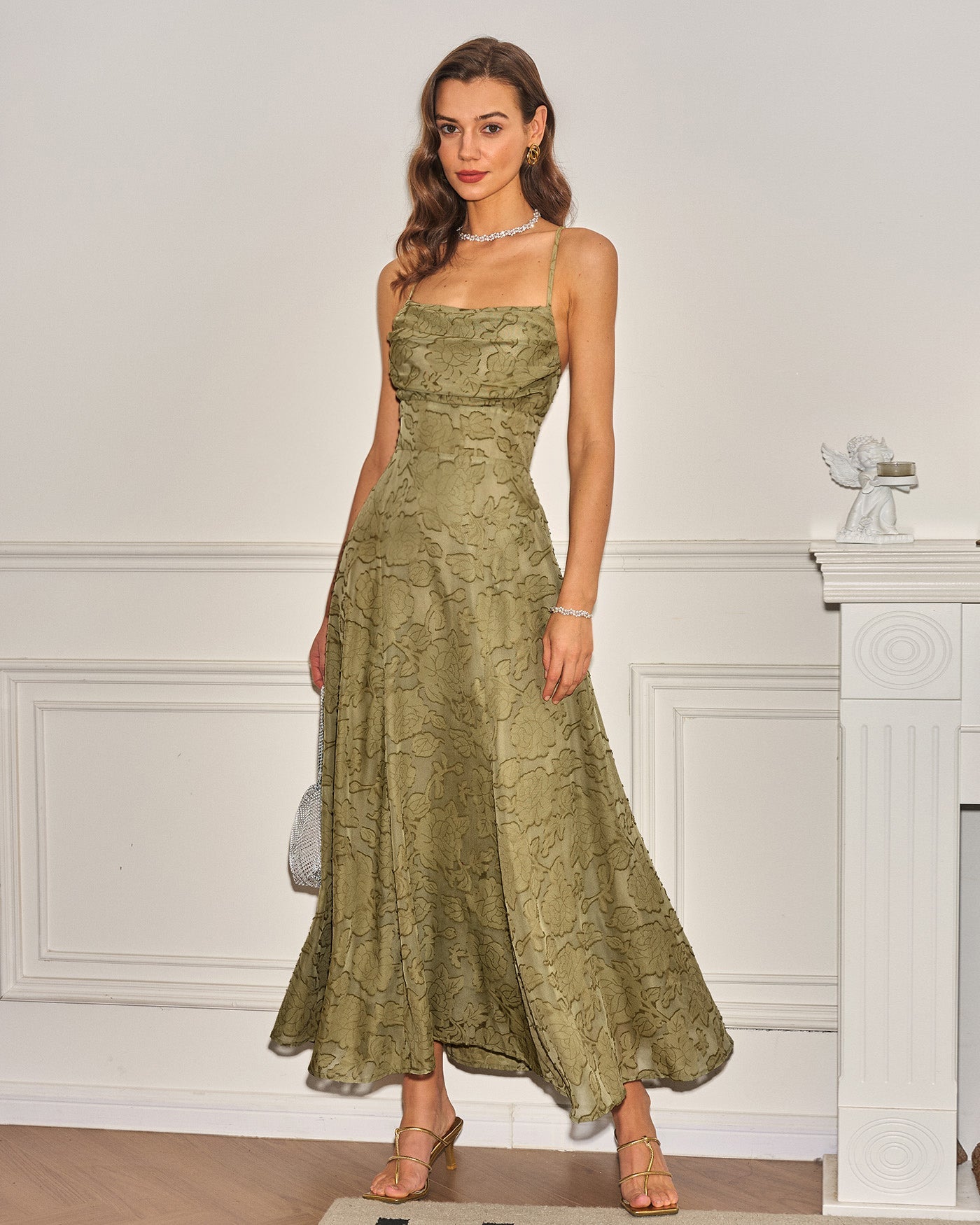 Sage Green Cross-Pattern Jacquard Maxi Slip Dress