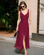Wine Red Chiffon Maxi Dress with Button Slit Detail