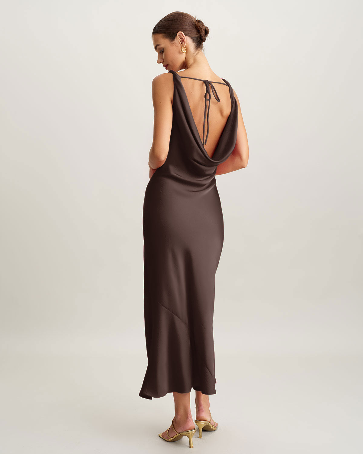 Coffee Satin Maxi Dress with Cowl Neck