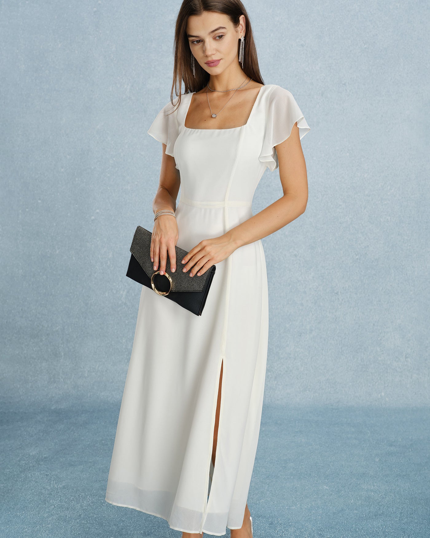 Beige Chiffon Maxi Dress with Square Neck and Slit