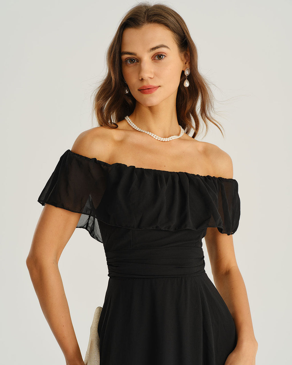 Black A-Line Maxi Dress with Off-the-Shoulder Design