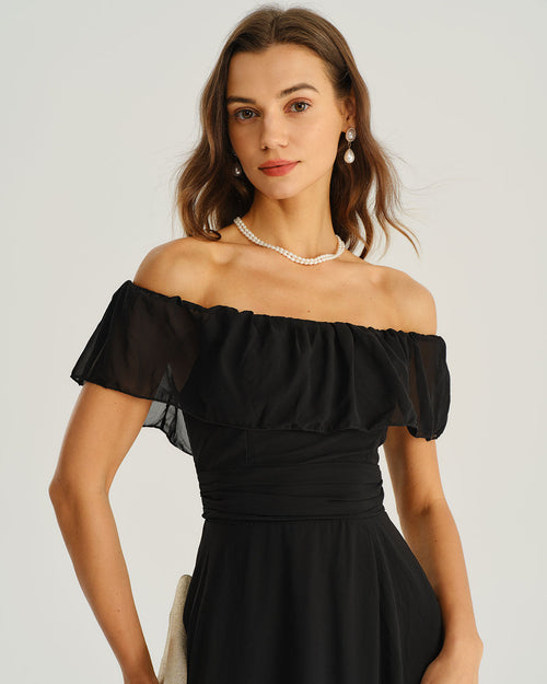 Black A-Line Maxi Dress with Off-the-Shoulder Design