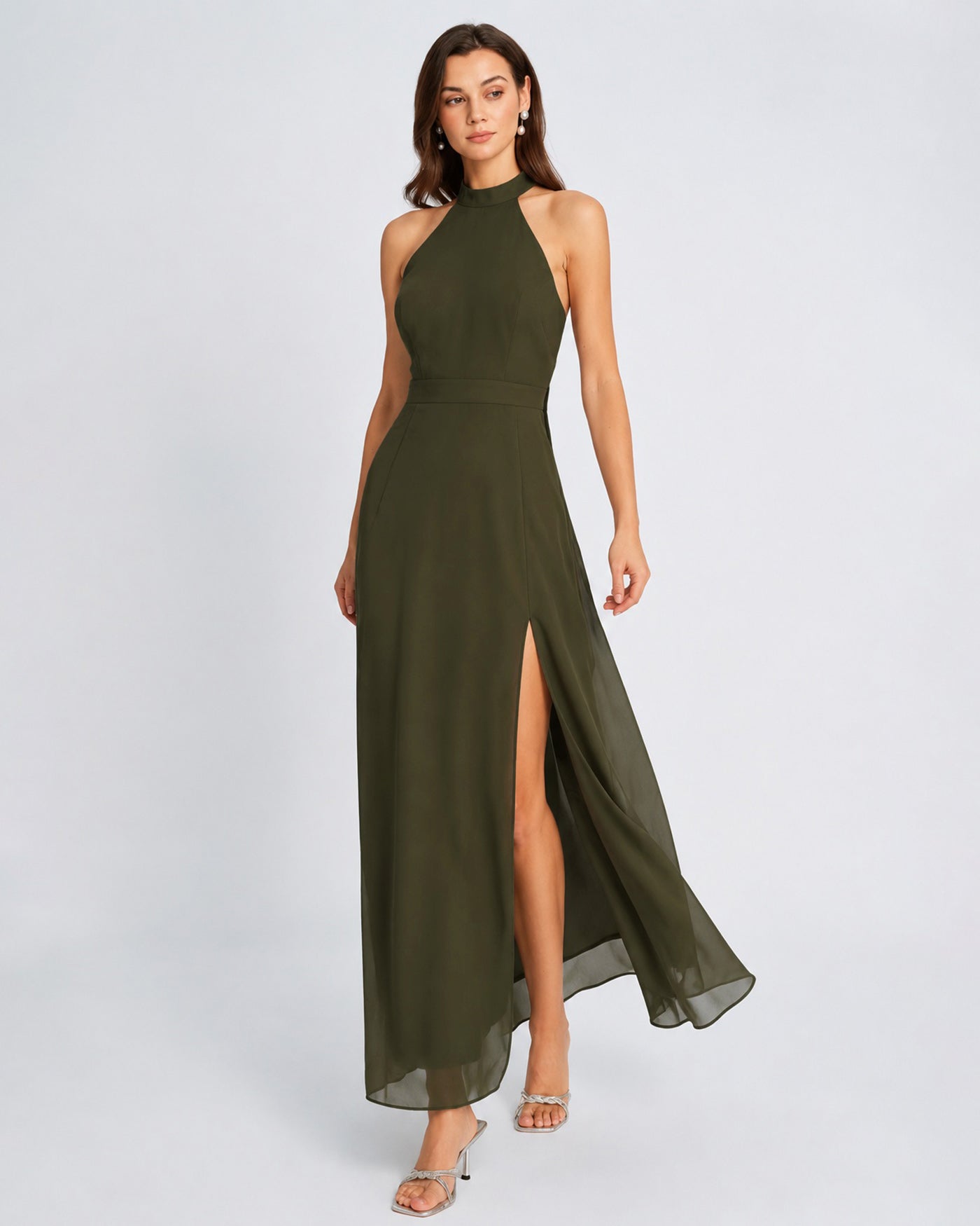 Emerald Mock Neck Chiffon Maxi Dress with Side Slit