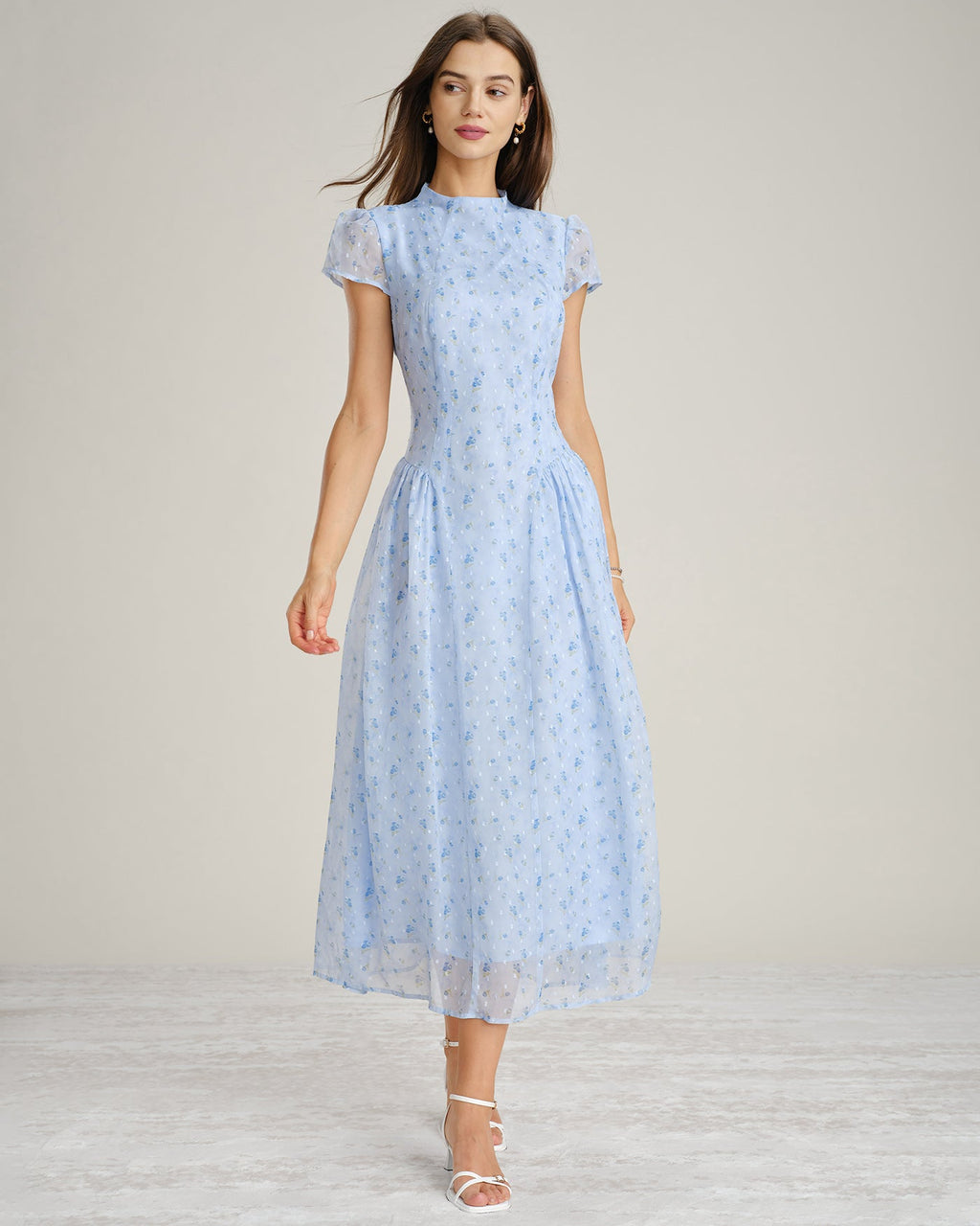 Floral Chiffon Maxi Dress with Blue Mock Neck