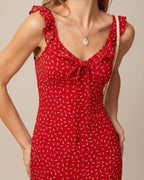 Maxi Dress with Ruffled V-Neck and Red Floral Print