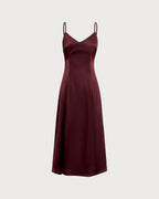 Wine Red Satin A-Line Maxi Slip Dress