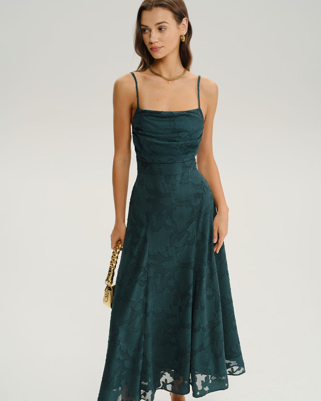 Emerald Jacquard A-Line Maxi Slip Dress