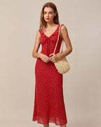 Maxi Dress with Ruffled V-Neck and Red Floral Print