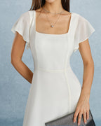 Beige Chiffon Maxi Dress with Square Neck and Slit