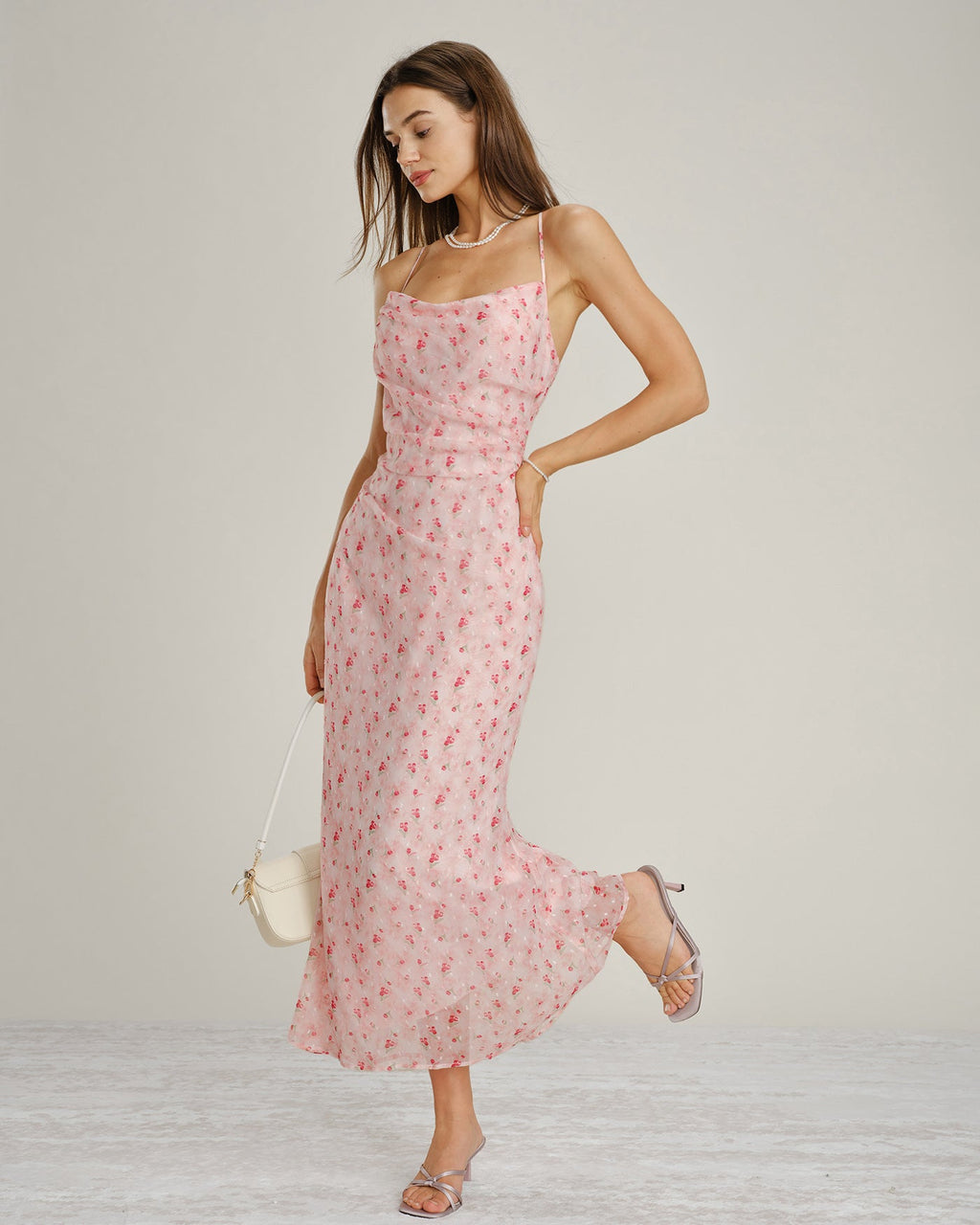 Floral Maxi Dress with Pink Cowl Neck